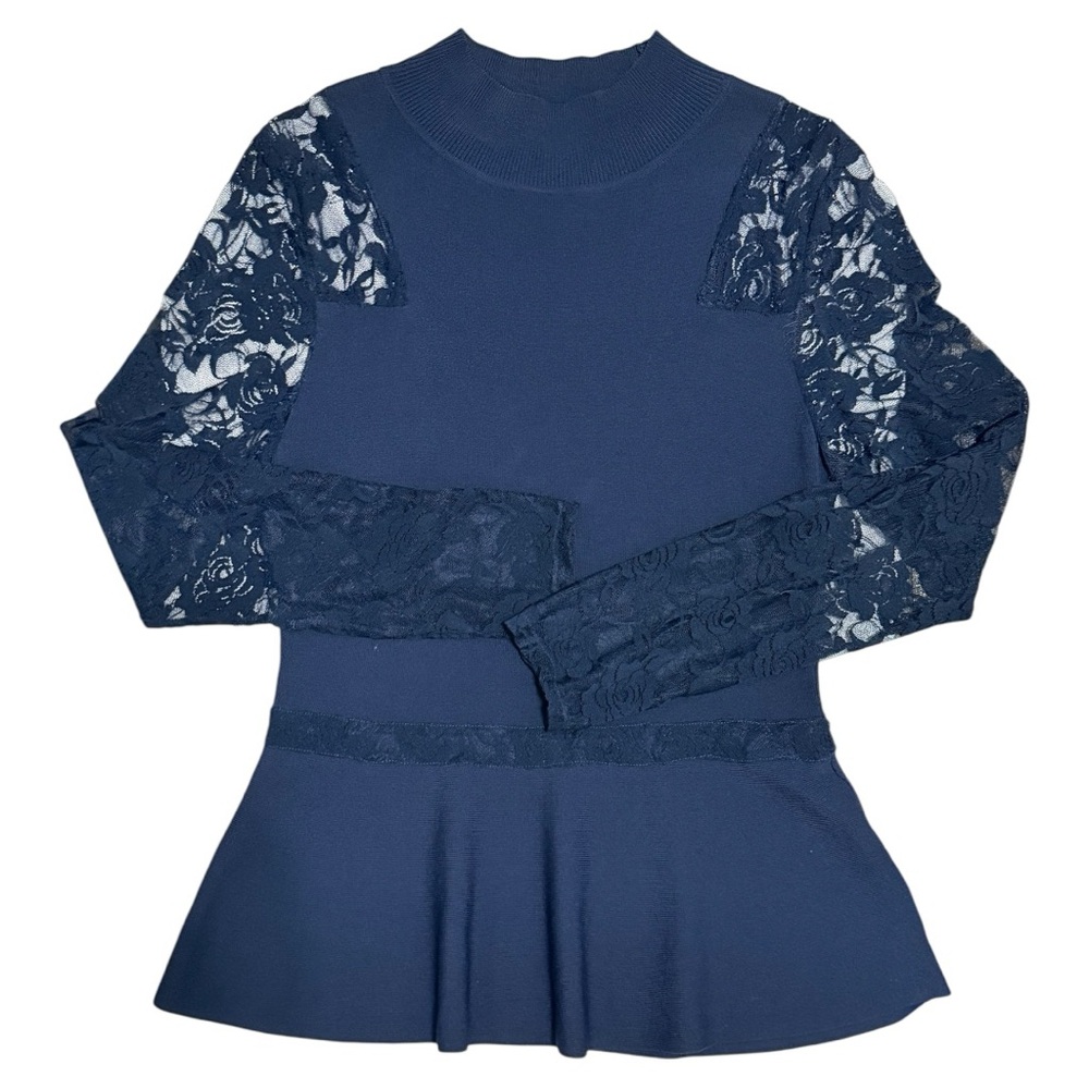 INC International Concepts Peplum Knit Lace Long Sleeves Top Navy Blue Size L
